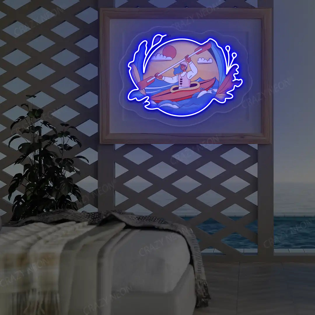 blue kayak dreamscape neon artwork mounted on a wall