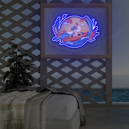 blue kayak dreamscape neon artwork mounted on a wall