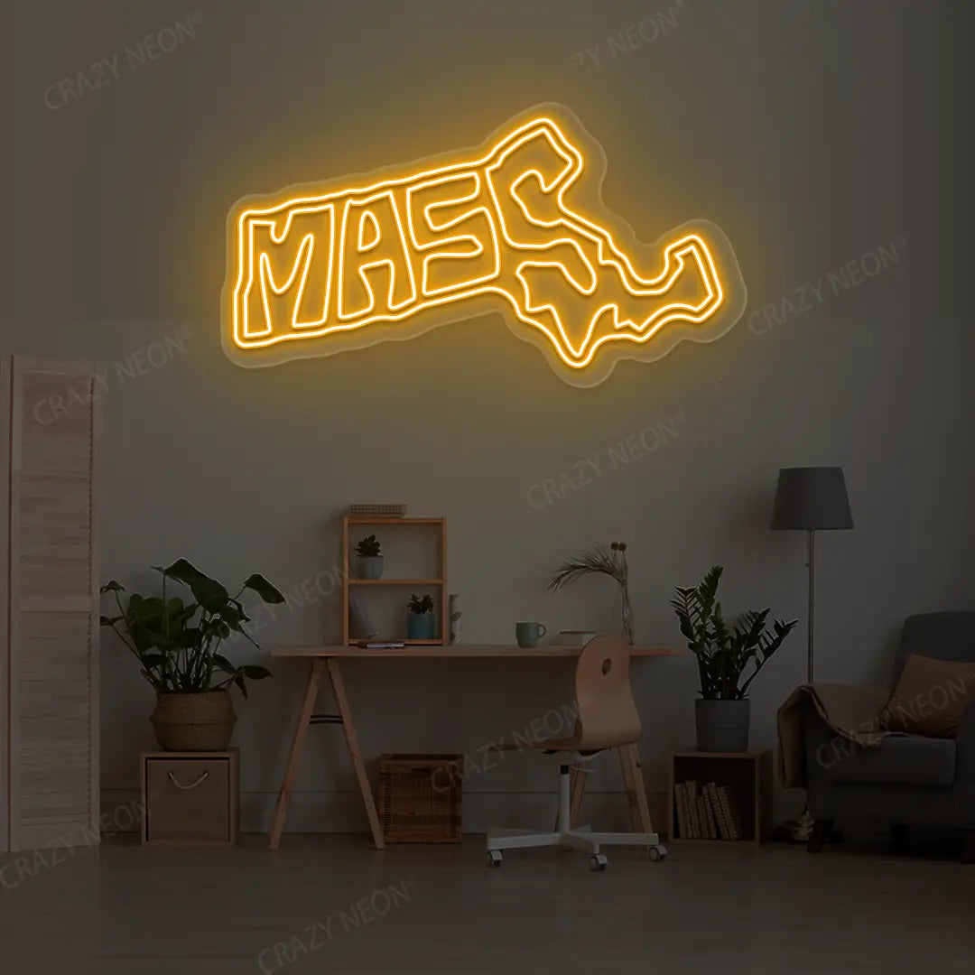 MASSACHUSETTS Map Neon Sign lighting up in orange color in a room