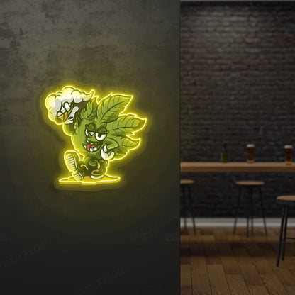 Cool Weed Leaf Character Neon Artwork in yellow color