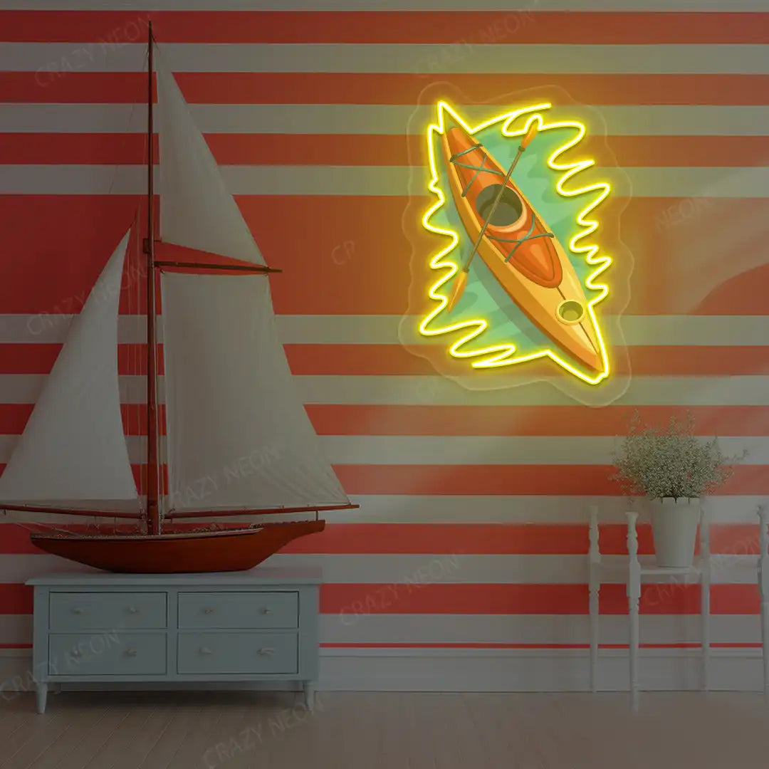yellow floating kayak neon artwork mounted on a wall