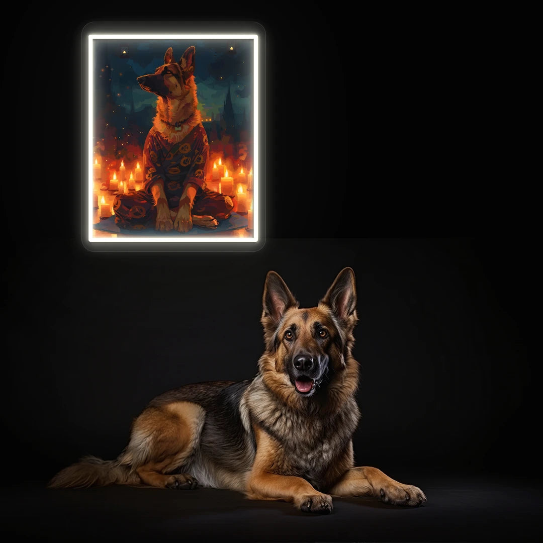 Candlelight Zen German Shepherd Neon Artwork in Warmwhite