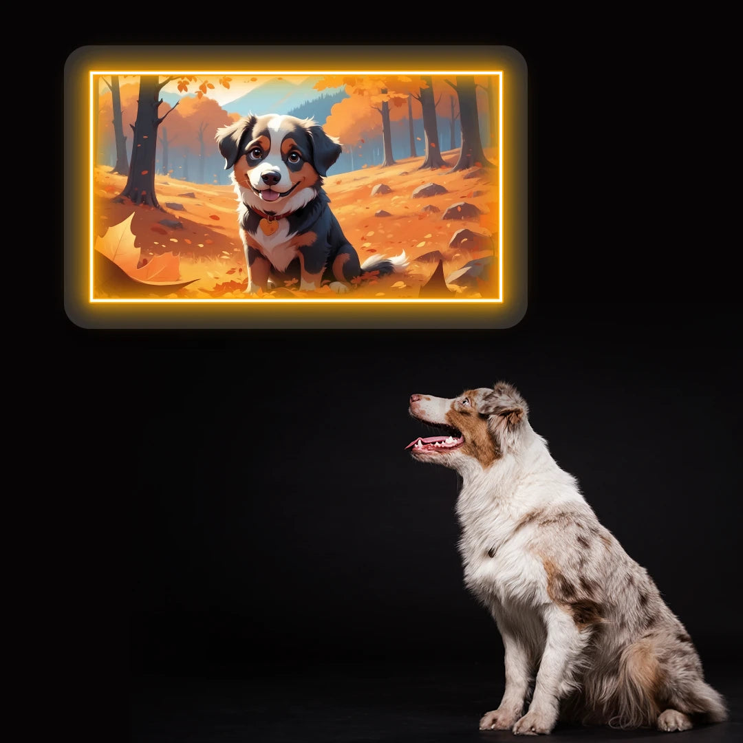 Autumn Forest Australian Shepherd Puppy Neon Artwork in Orange Color