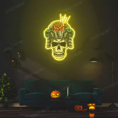 Rose Crown Skull Neon Artwork | Yellow