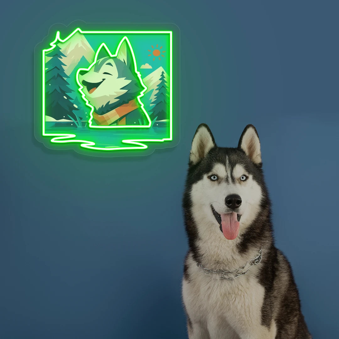 Alpine Lake Husky Portrait Neon Artwork in Green Color