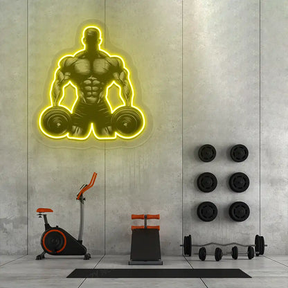 yellow muscle man dumbbell gym neon artwork mounted on a wall
