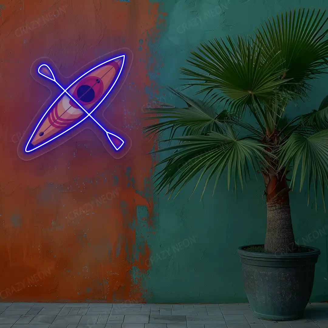 blue kayak boat neon artwork mounted on a wall