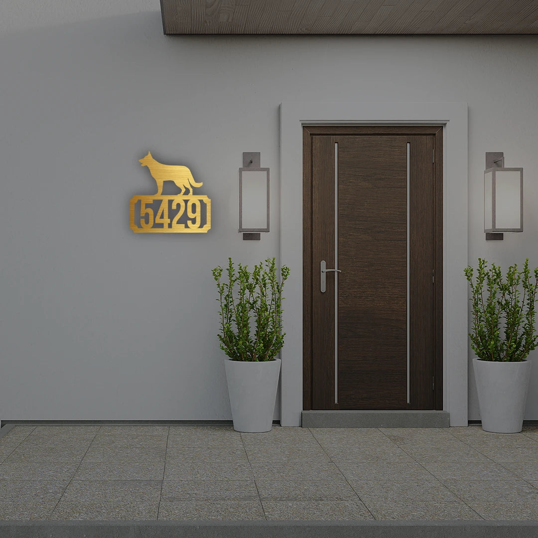 German Shepherd House Number Plate Custom Metal Monogram in Golden finish