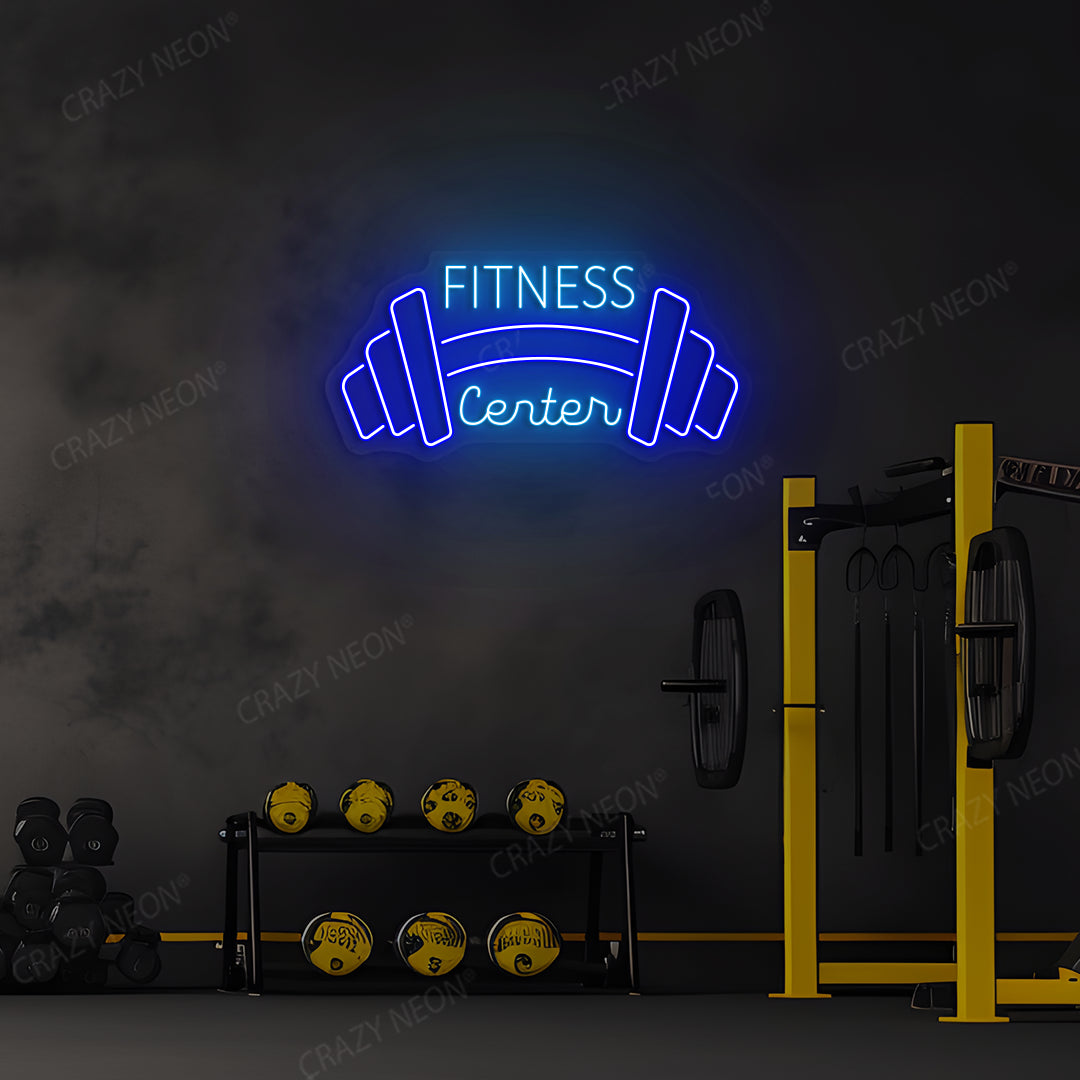 blue and ice blue fitness center neon sign mounted on a wall