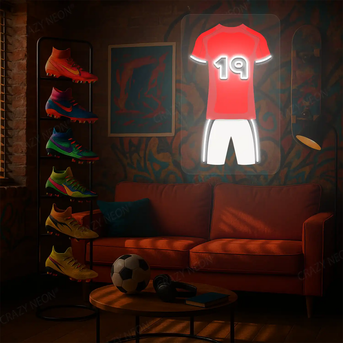 Red football jersey neon artwork with number 19 glowing on a graffiti-covered wall