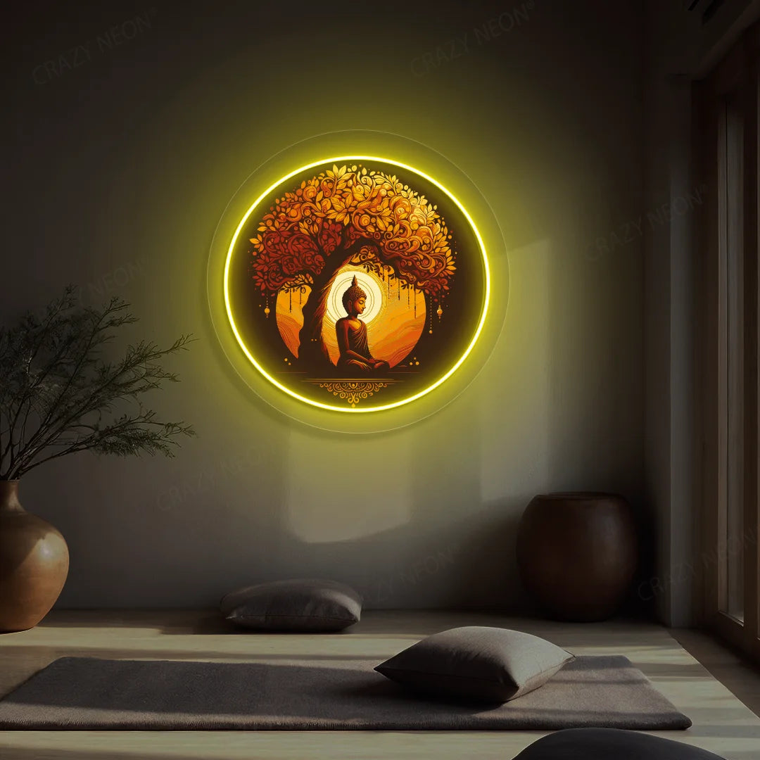 Golden Bodhi Buddha Neon Artwork lighting up in yellow color in a yoga room