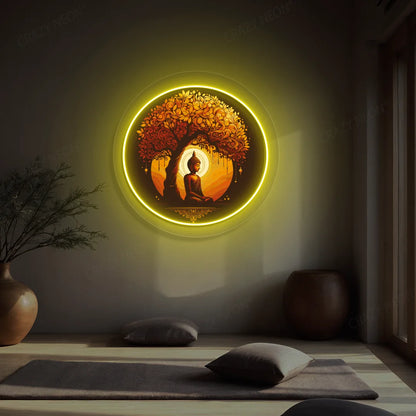 Golden Bodhi Buddha Neon Artwork lighting up in yellow color in a yoga room