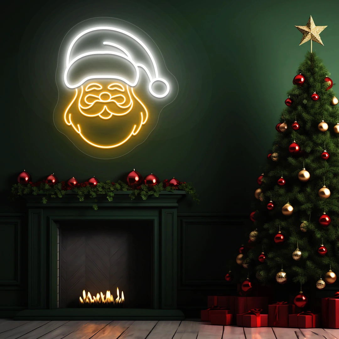Festive Furry Santa Face Neon Sign | White