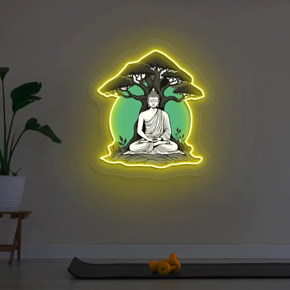Buddha under Bodhi Neon Artwork lighting up in Yellow color in room