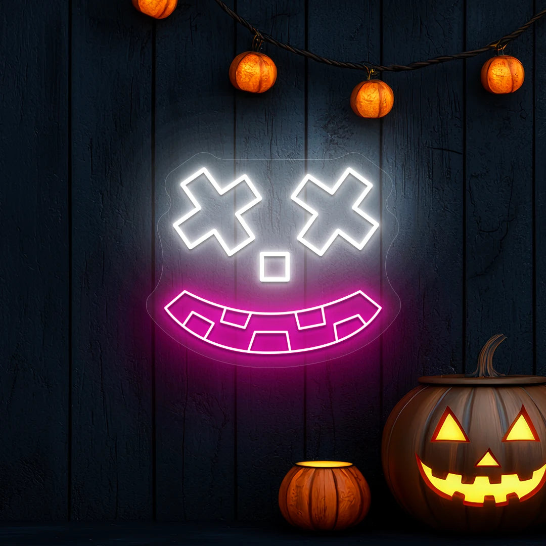 X-Eyes Pumpkin Face Neon Sign | Pink