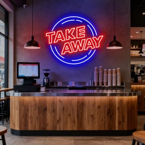 red and blue urban take away retro neon sign mounted on a wall