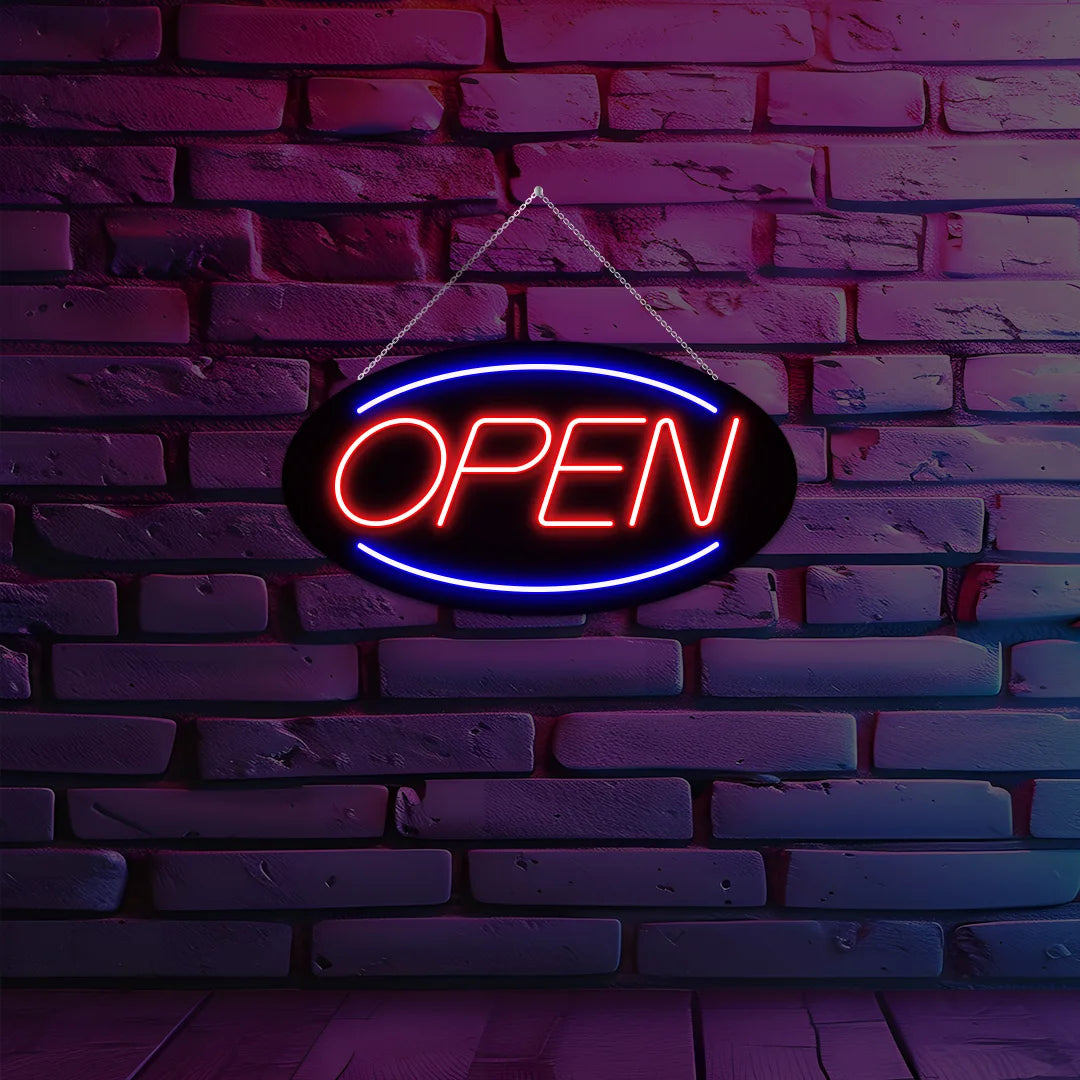 Oval Shaped Open Neon Sign (Blue-Red)