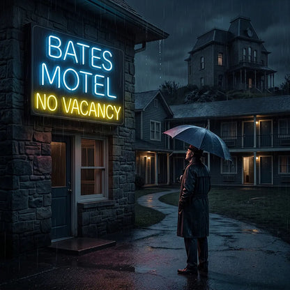 ice blue and yellow bates motel no vacancy vintage neon sign mounted on a wall