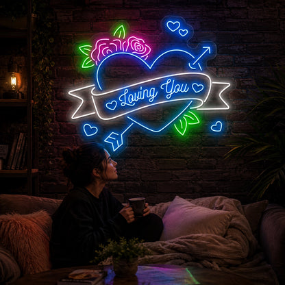 Loving You Rose Heart Arrow Neon Sign in blue color