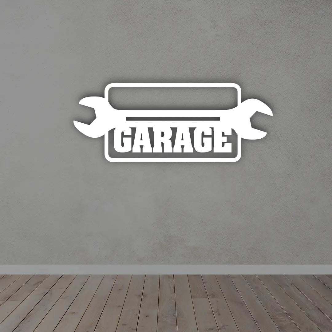 Custom Metal Signs Garage in White colour mounted on wall 