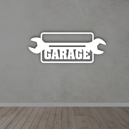 Custom Metal Signs Garage in White colour mounted on wall 