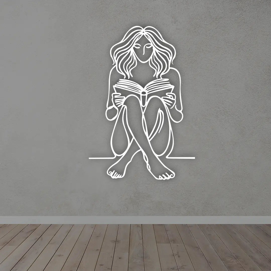 Bookish Girl Minimalist Line Art in white Color
