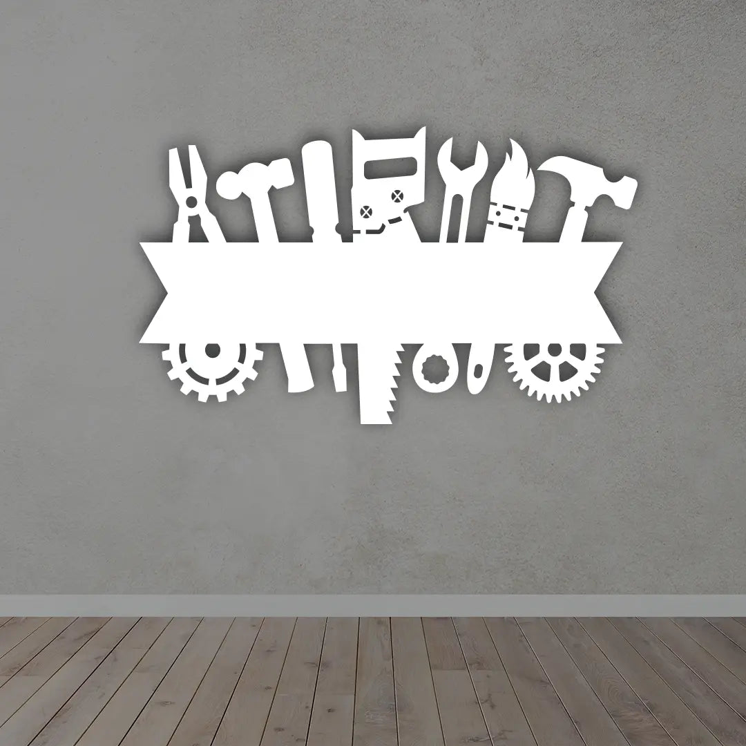 Custom Metal Garage Signs in White colour mounted on wall 