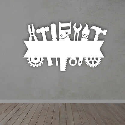 Custom Metal Garage Signs in White colour mounted on wall 