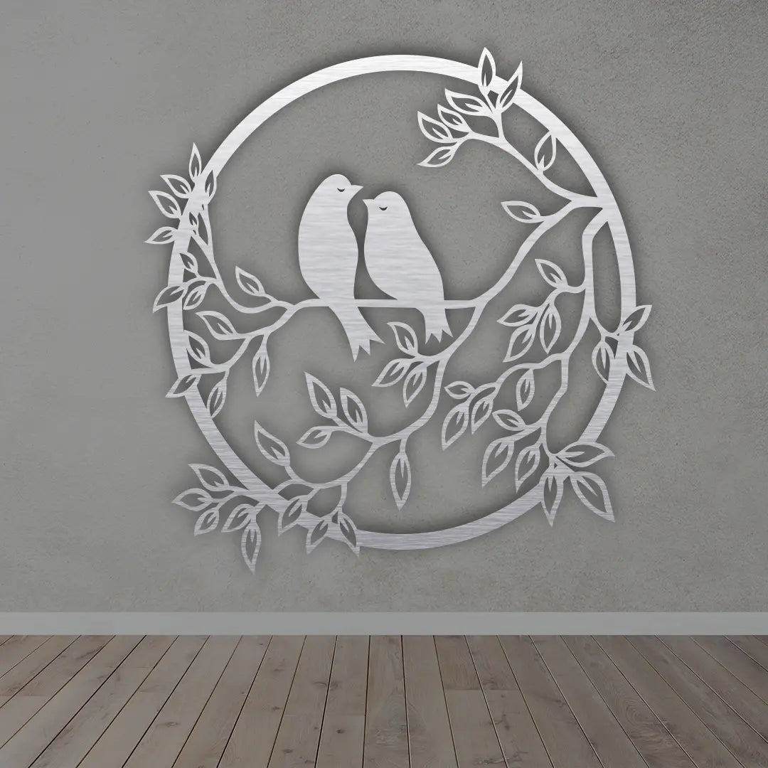 Bird On Branch Round metal Wall Art  in Silver colour