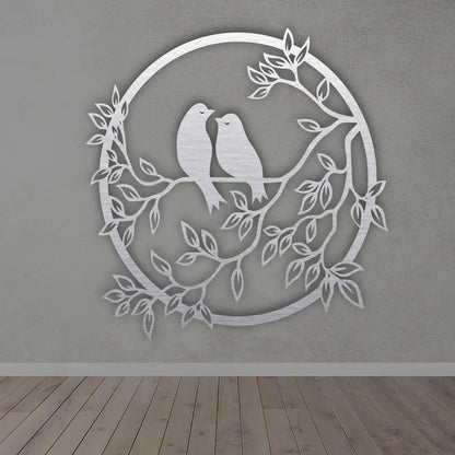 Bird On Branch Round metal Wall Art  in Silver colour