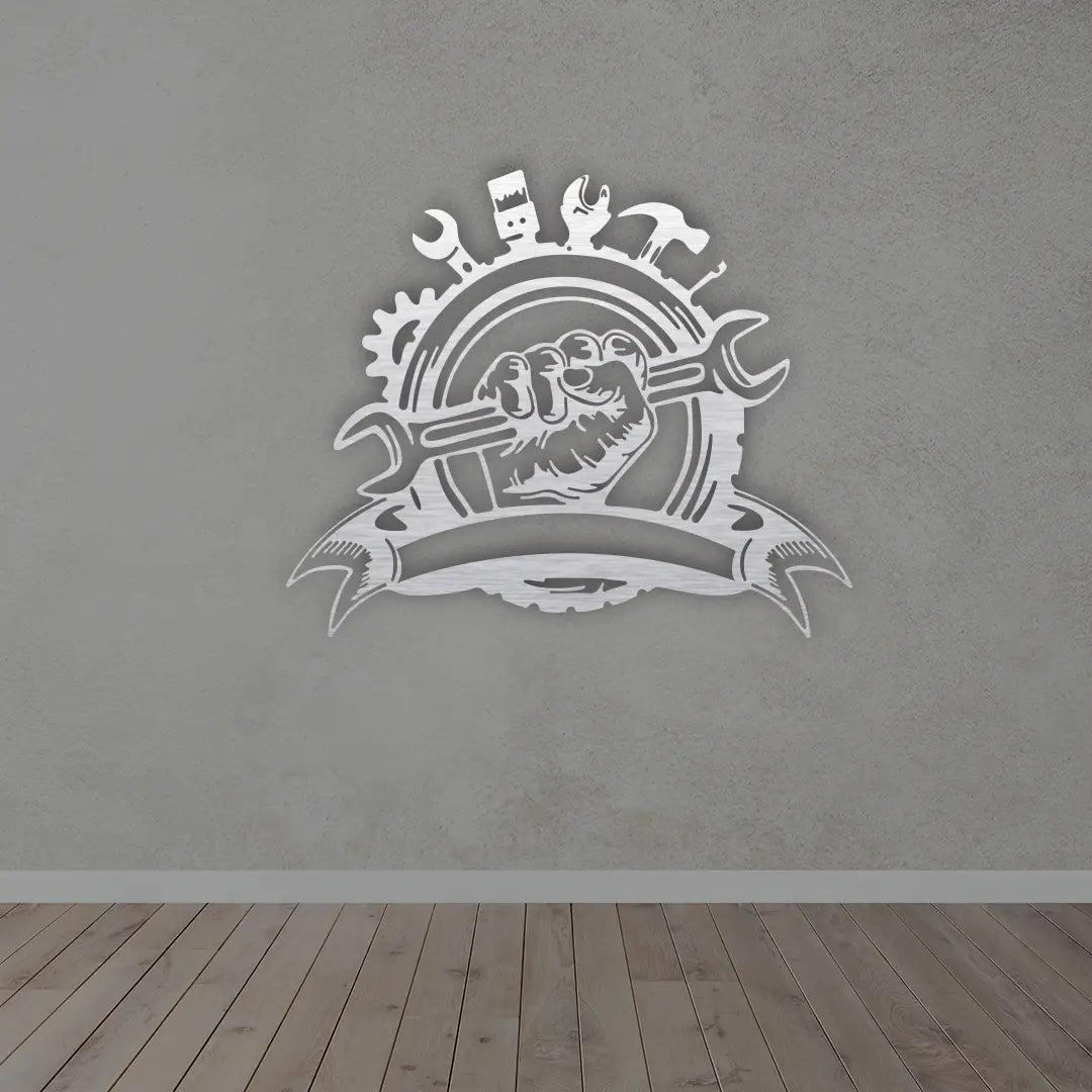 Custom Mechanic Metal Sign in Silver colour mounted on wall 