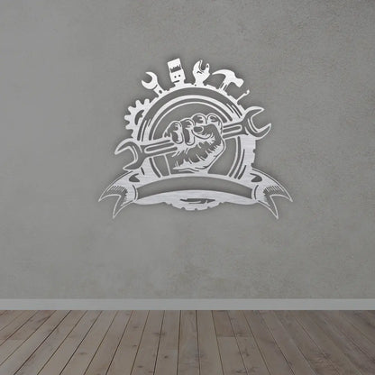 Custom Mechanic Metal Sign in Silver colour mounted on wall 