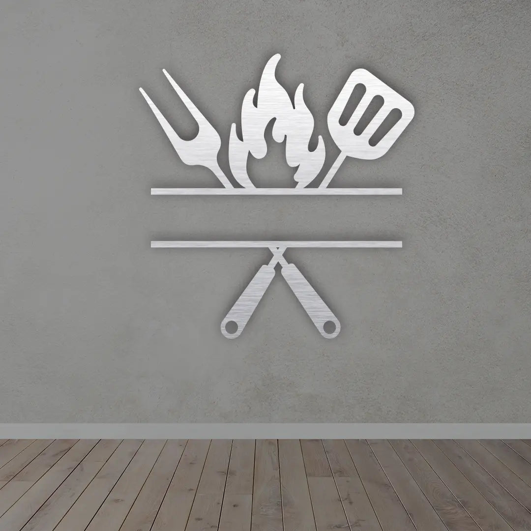 Custom Grill Master Metal Sign in Silver Colour mounted on wall 