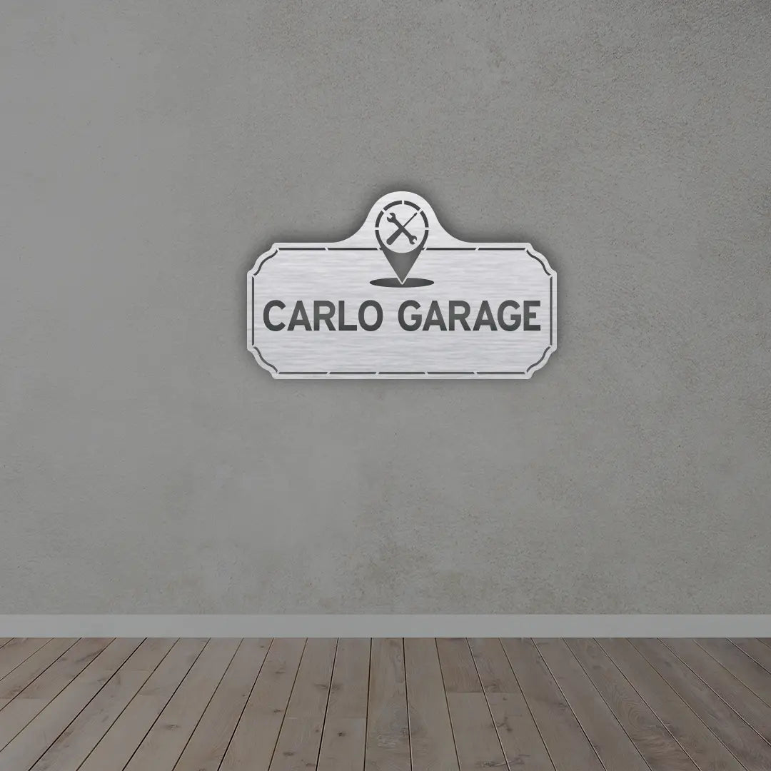 Custom Garage Name Metal Sign in Silver Colour mounted on wall