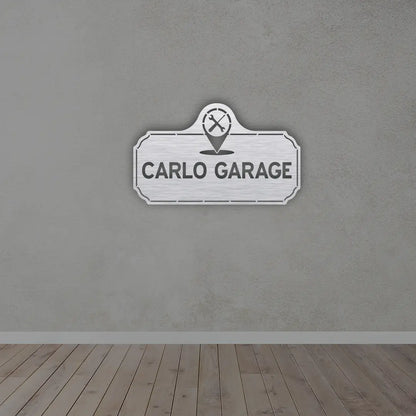 Custom Garage Name Metal Sign in Silver Colour mounted on wall
