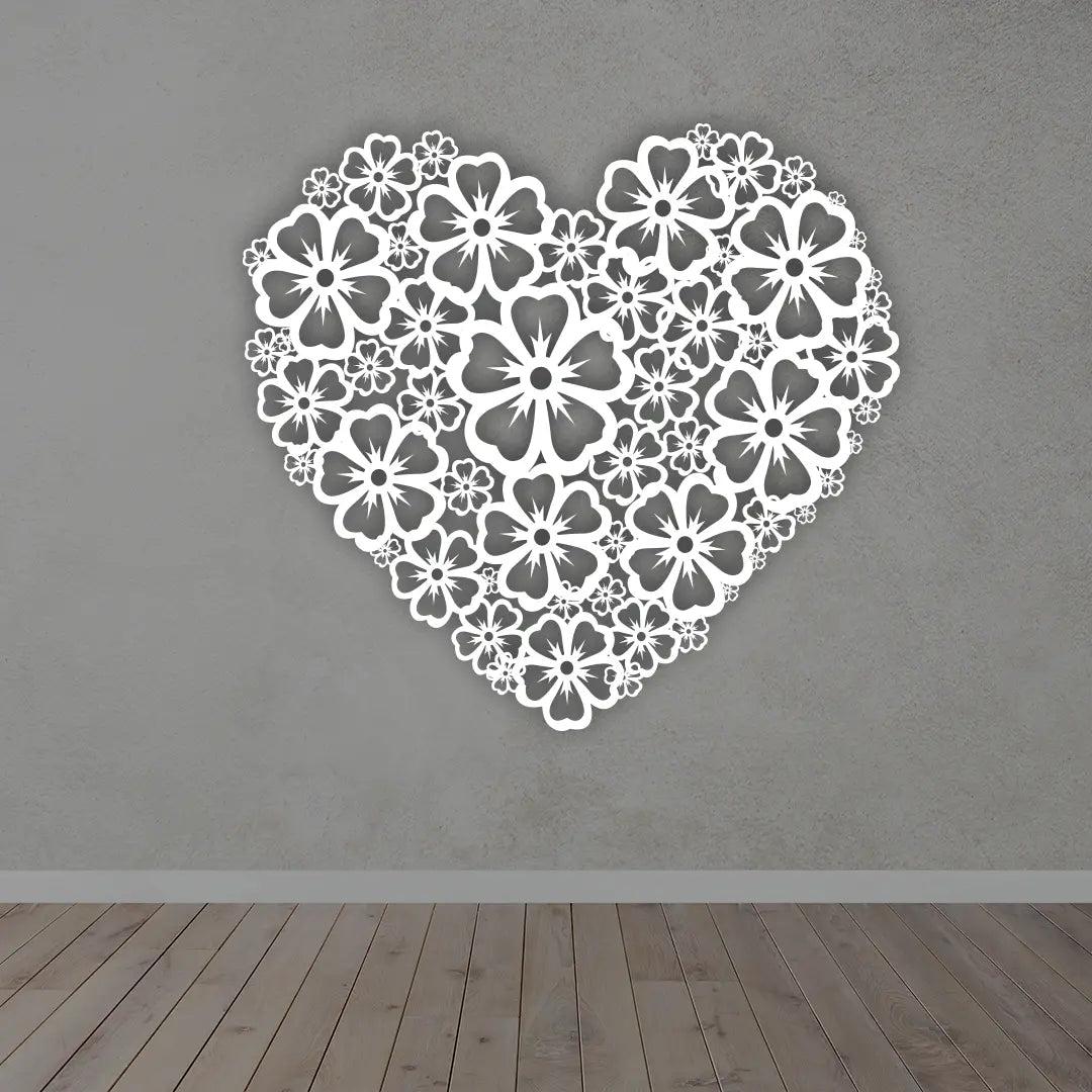 Floral Heart Metal Wall Art Sign in White color
