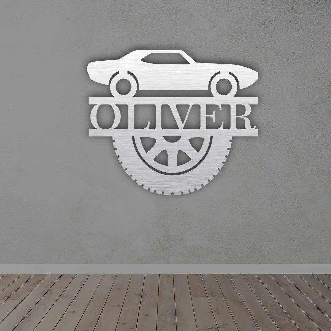 Custom Car Metal Sign in Silver colour mounted on wall 