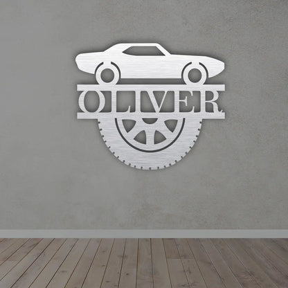 Custom Car Metal Sign in Silver colour mounted on wall 