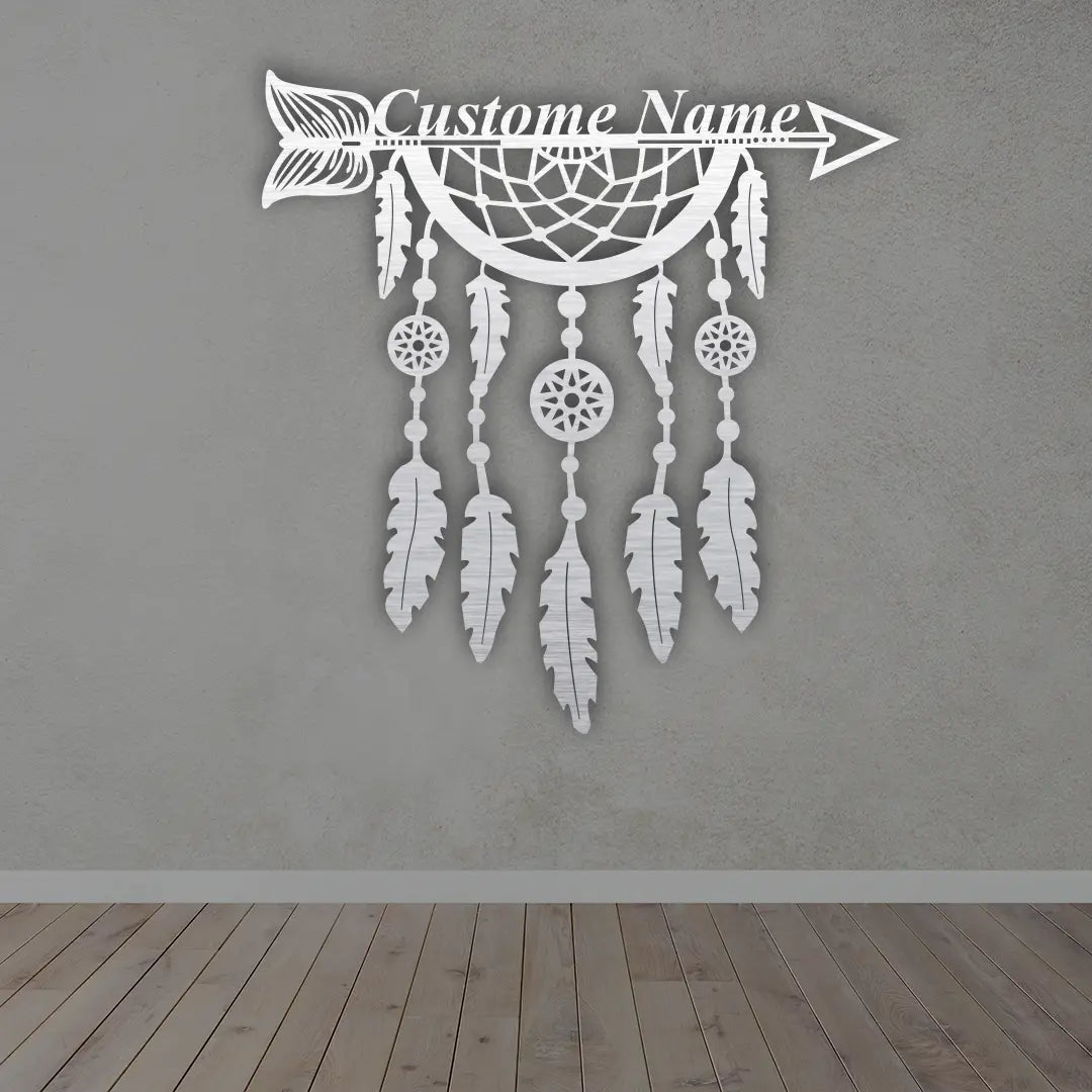 Personalized Dream Catcher Metal Sign in Silver Colour mounted on wall 