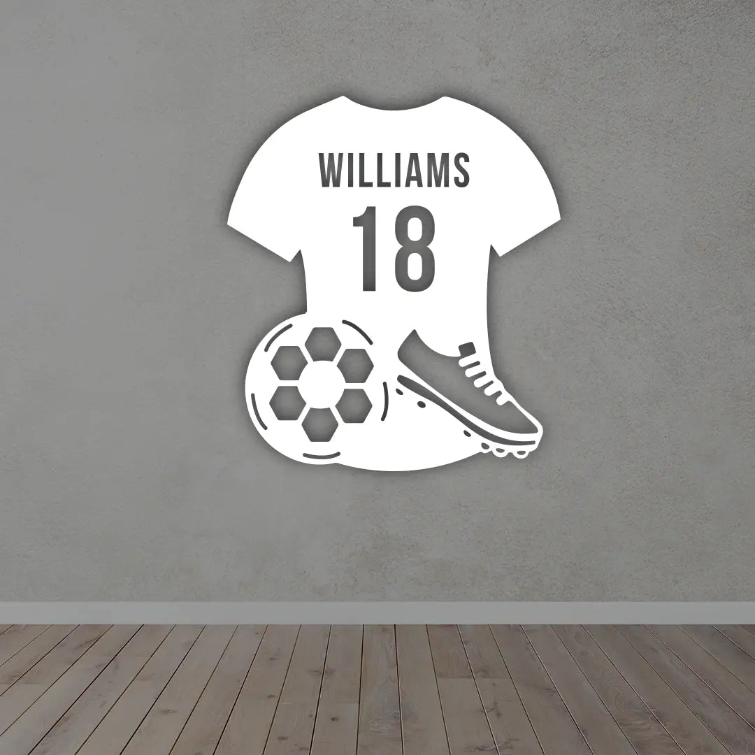 Personalized Soccer Jersey Monogram Metal Sign in white colour mounted on wall