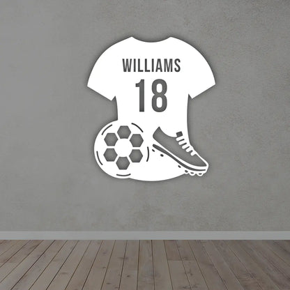 Personalized Soccer Jersey Monogram Metal Sign in white colour mounted on wall