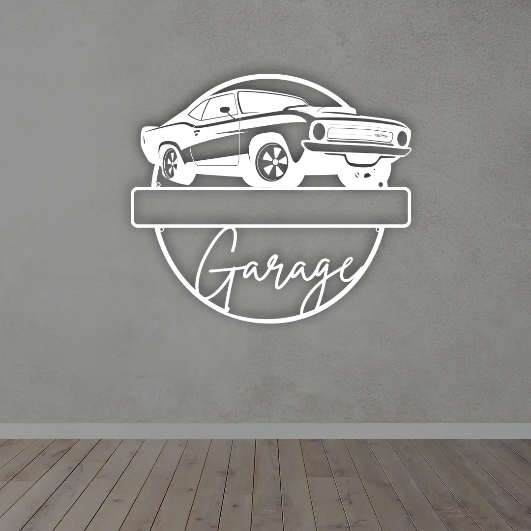 Personalized Metal Garage Sign in white colour mounted on a garage door