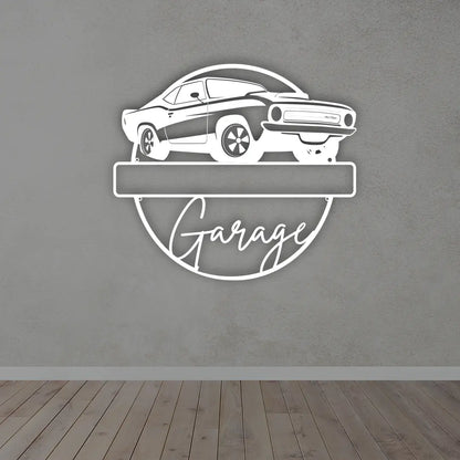 Personalized Metal Garage Sign in white colour mounted on a garage door