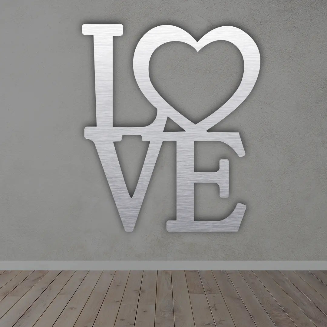 Love With Heart Metal Wall Art Sign in Silver Finish