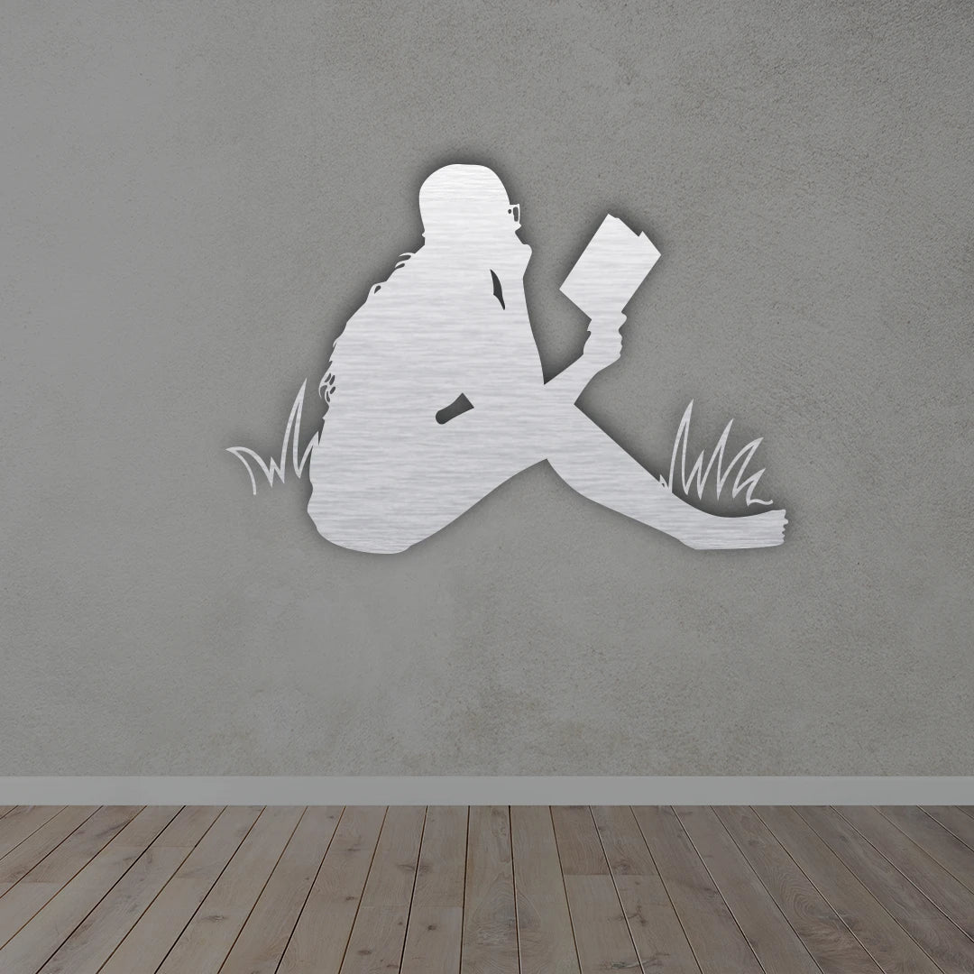 Woman Reading Book Minimalist Metal Wall Art in Silver colour 