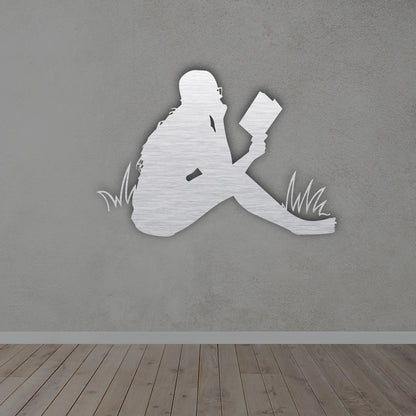 Woman Reading Book Minimalist Metal Wall Art in Silver colour 