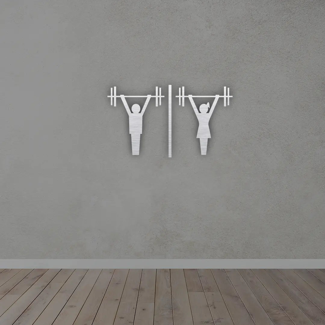 Man And Woman Weight Lifting Vector Metal Wall Art in brush Silver finished