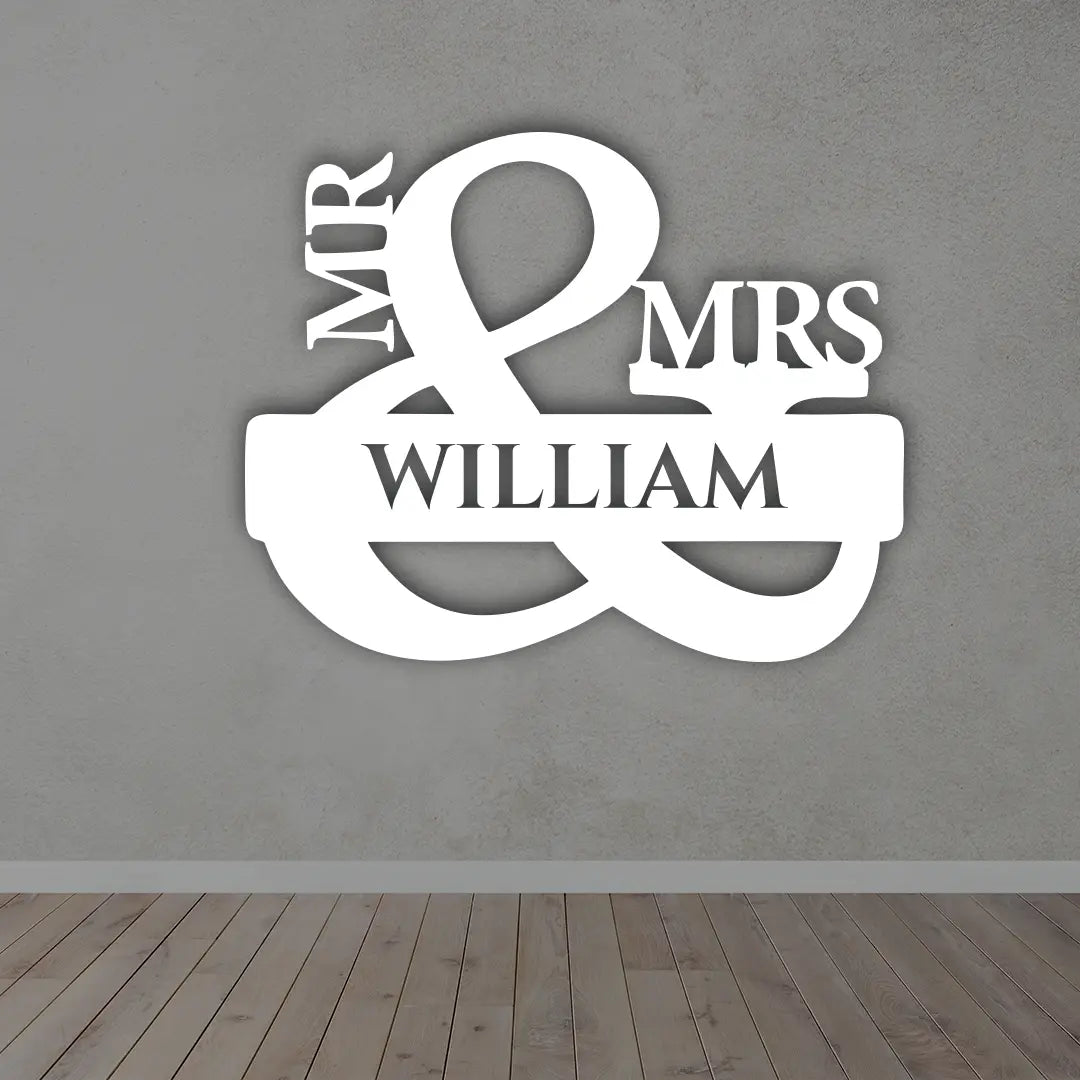 Mr & Mrs Personalized Metal Sign in White colour mounted on wall