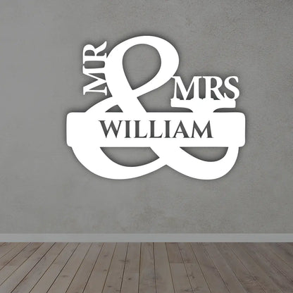 Mr & Mrs Personalized Metal Sign in White colour mounted on wall