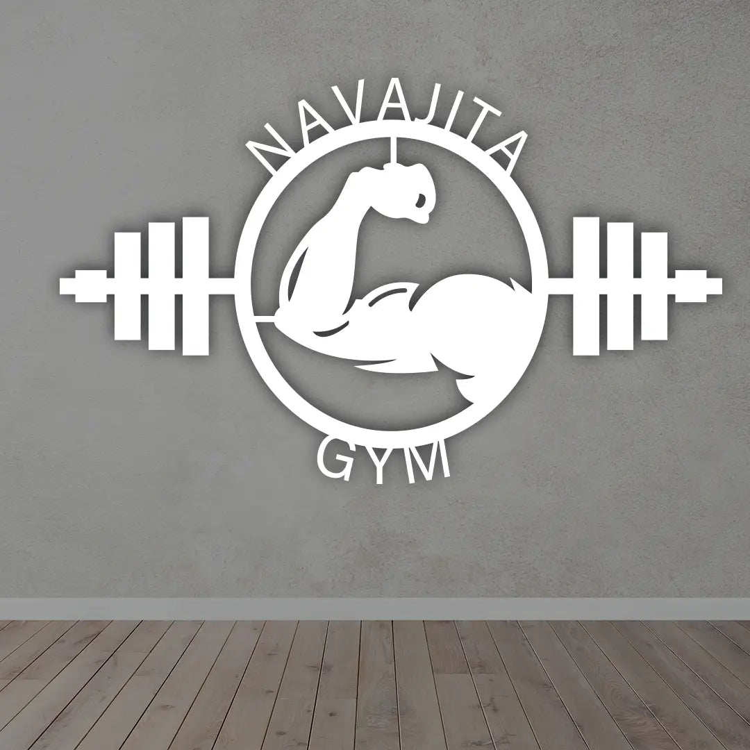 Personalized Muscle Gym Metal Sign in white colour mounted on wall 